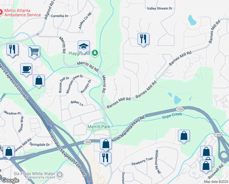 map of restaurants, bars, coffee shops, grocery stores, and more near 648 Anderson Walk in Marietta