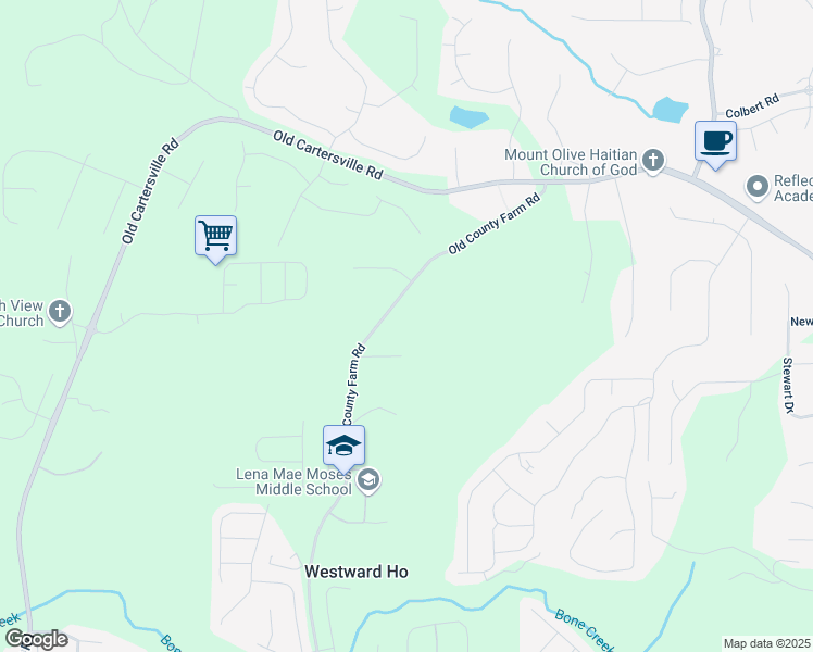 map of restaurants, bars, coffee shops, grocery stores, and more near 1334 Old County Farm Road in Dallas