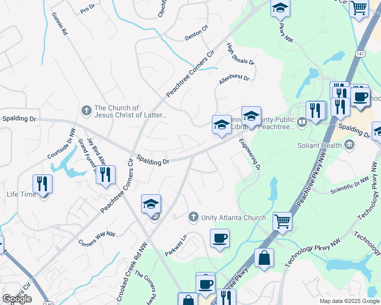 map of restaurants, bars, coffee shops, grocery stores, and more near 5992 Spalding Park Place in Peachtree Corners