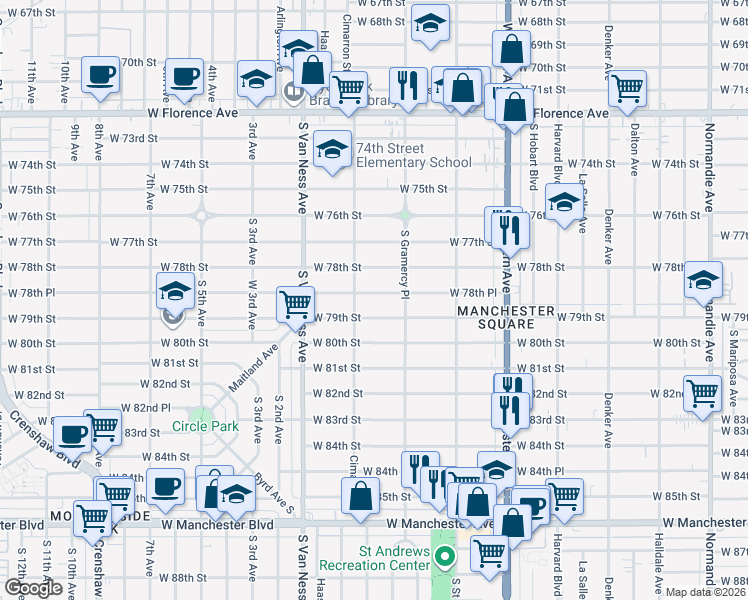 map of restaurants, bars, coffee shops, grocery stores, and more near 2015 West 79th Street in Los Angeles