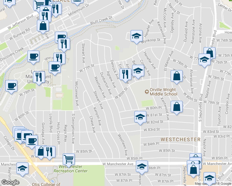 map of restaurants, bars, coffee shops, grocery stores, and more near 7941 Agnew Avenue in Los Angeles