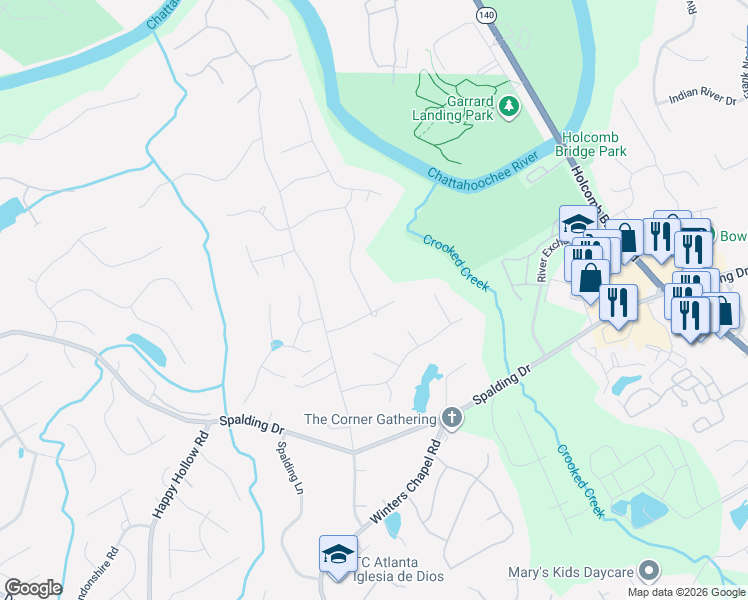 map of restaurants, bars, coffee shops, grocery stores, and more near 7100 Cherry Bluff Drive in Atlanta