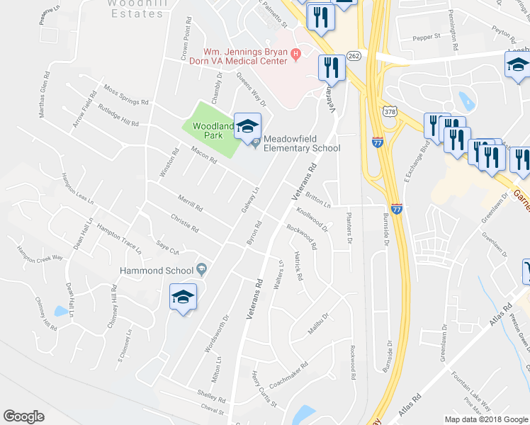 map of restaurants, bars, coffee shops, grocery stores, and more near 600 Byron Road in Columbia