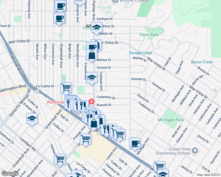 map of restaurants, bars, coffee shops, grocery stores, and more near 13608 La Cuarta Street in Whittier