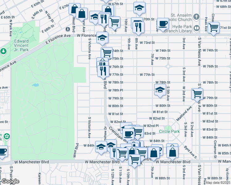 map of restaurants, bars, coffee shops, grocery stores, and more near 3220 West 78th Place in Los Angeles