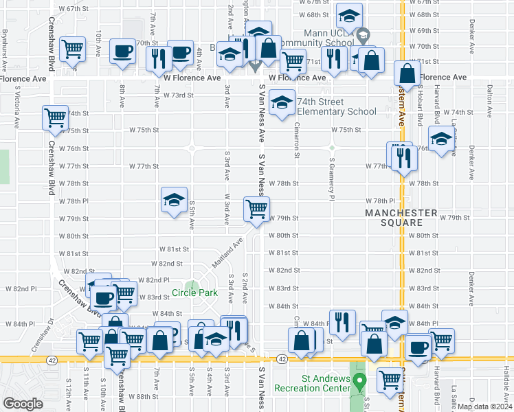 map of restaurants, bars, coffee shops, grocery stores, and more near 2206 West 78th Street in Inglewood