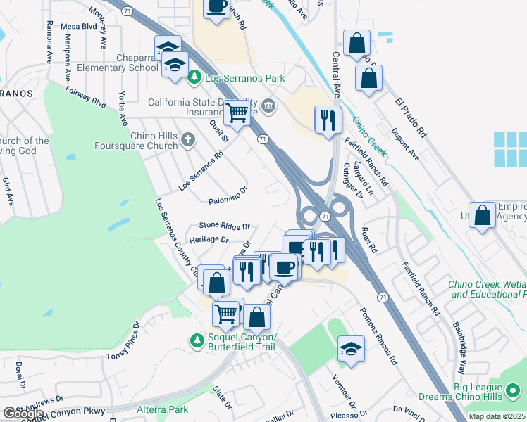 map of restaurants, bars, coffee shops, grocery stores, and more near 5117 Pomona Rincon Road in Chino Hills