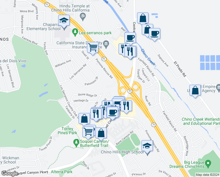 map of restaurants, bars, coffee shops, grocery stores, and more near 5165 Pomona Rincon Road in Chino Hills