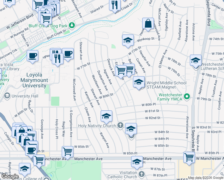 map of restaurants, bars, coffee shops, grocery stores, and more near 7941 Agnew Avenue in Los Angeles