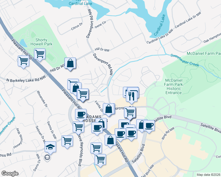 map of restaurants, bars, coffee shops, grocery stores, and more near 2864 Regent Walk Drive in Duluth