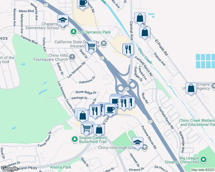 map of restaurants, bars, coffee shops, grocery stores, and more near 5165 Pomona Rincon Road in Chino Hills