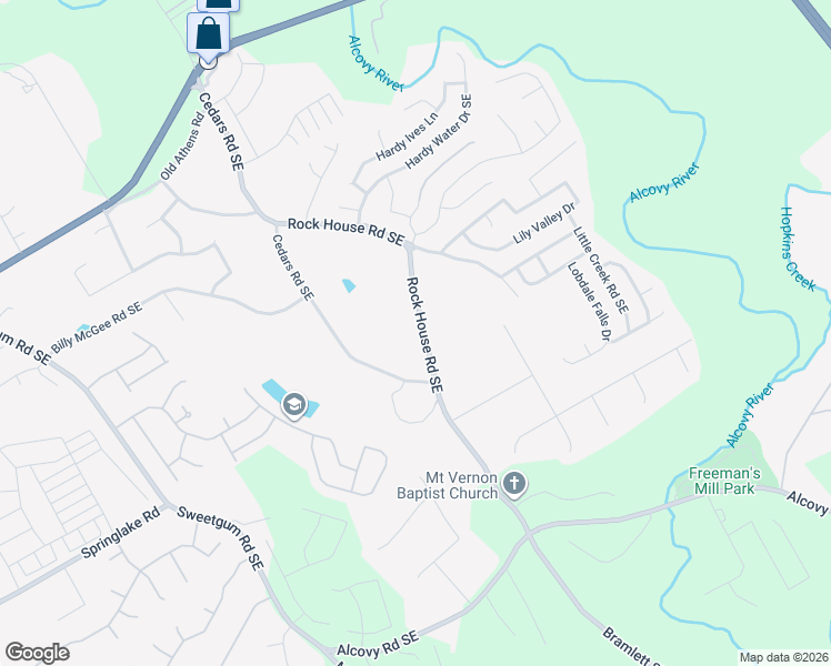 map of restaurants, bars, coffee shops, grocery stores, and more near 275 Rock House Road Southeast in Lawrenceville