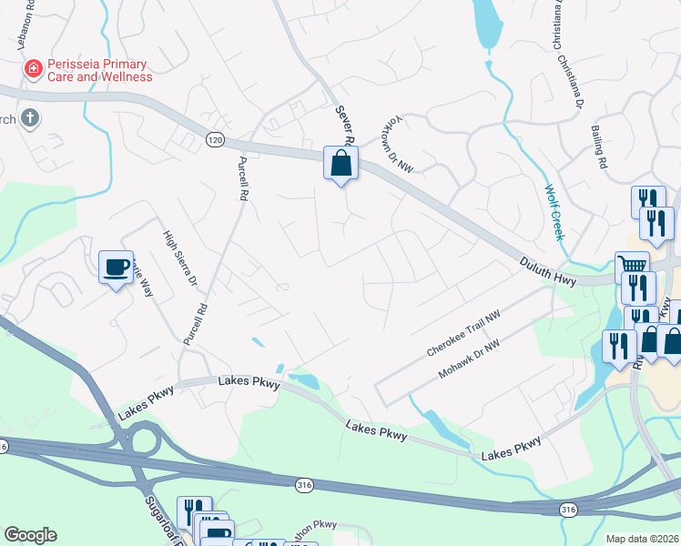 map of restaurants, bars, coffee shops, grocery stores, and more near 1520 Omie Way in Lawrenceville