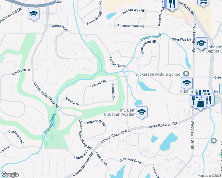 map of restaurants, bars, coffee shops, grocery stores, and more near 4290 Summit Drive in Marietta