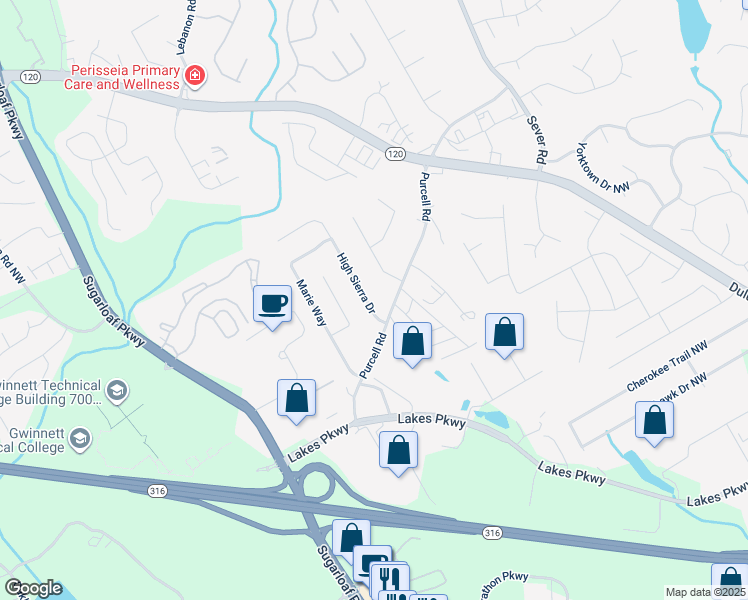 map of restaurants, bars, coffee shops, grocery stores, and more near 1397 High Sierra Drive in Lawrenceville