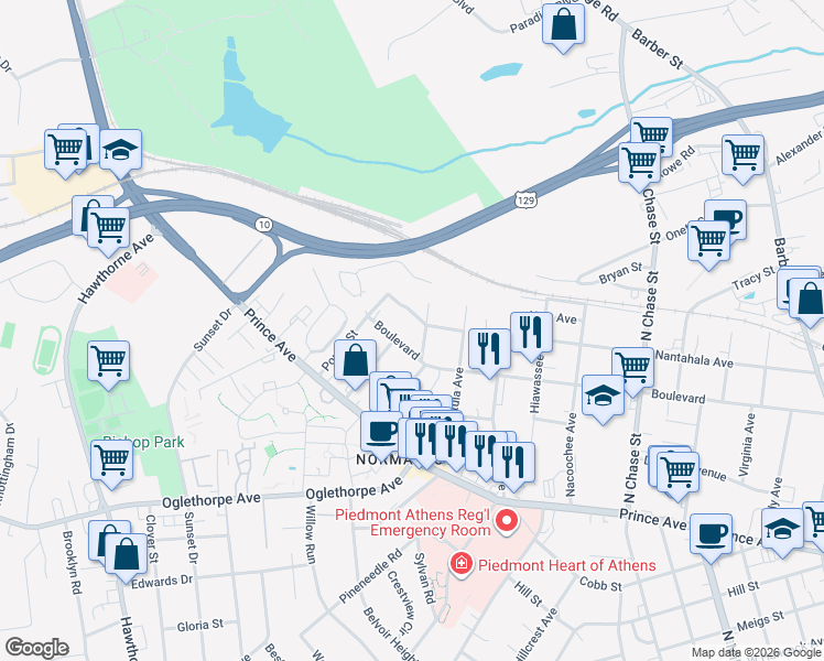 map of restaurants, bars, coffee shops, grocery stores, and more near 397 Buena Vista Avenue in Athens