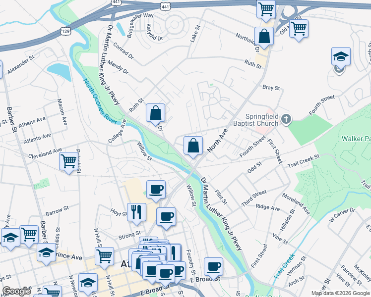 map of restaurants, bars, coffee shops, grocery stores, and more near 225 Madison Heights in Athens