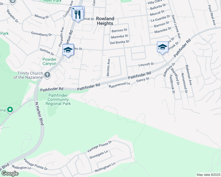 map of restaurants, bars, coffee shops, grocery stores, and more near 18422 Buttonwood Lane in Rowland Heights