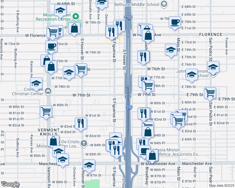 map of restaurants, bars, coffee shops, grocery stores, and more near 455 1/2 West 79th Street in Los Angeles