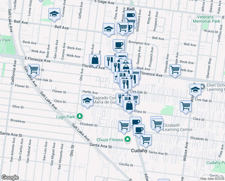map of restaurants, bars, coffee shops, grocery stores, and more near 4419 Hartle Avenue in Bell