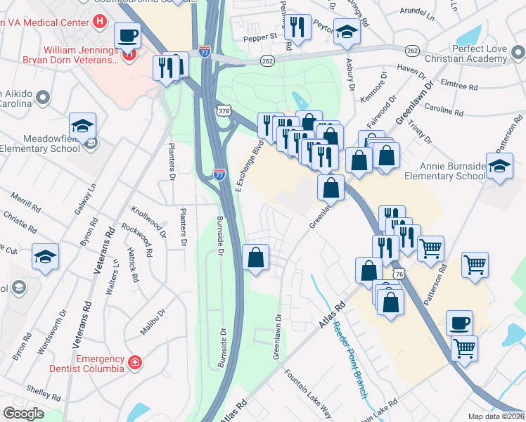 map of restaurants, bars, coffee shops, grocery stores, and more near 250 East Exchange Boulevard in Columbia