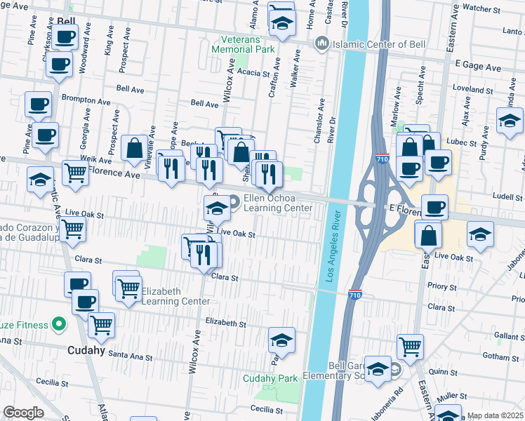 map of restaurants, bars, coffee shops, grocery stores, and more near 5149 Live Oak Street in Cudahy