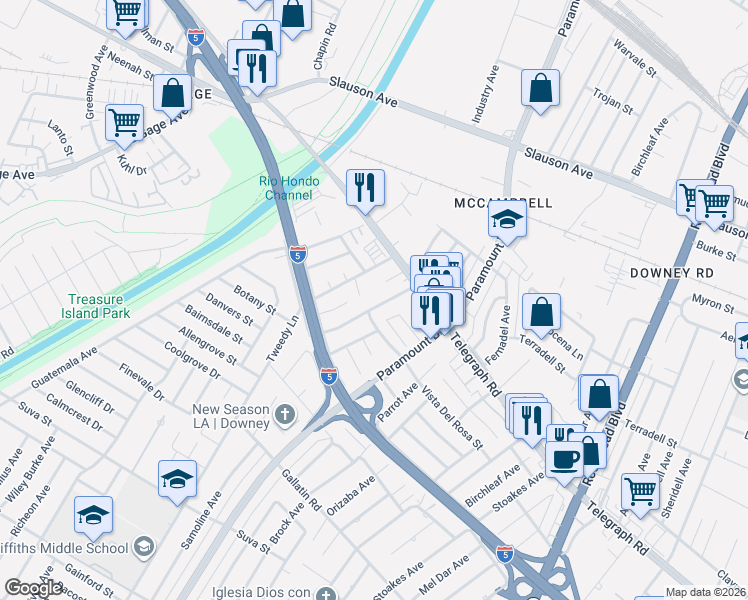 map of restaurants, bars, coffee shops, grocery stores, and more near 8560 Lowman Avenue in Downey