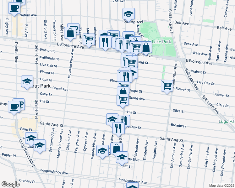 map of restaurants, bars, coffee shops, grocery stores, and more near 3169 Grand Avenue in Huntington Park