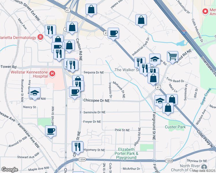 map of restaurants, bars, coffee shops, grocery stores, and more near 675 Iroquois Drive in Marietta