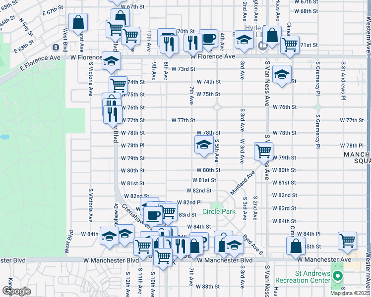 map of restaurants, bars, coffee shops, grocery stores, and more near 2910 West 78th Place in Inglewood