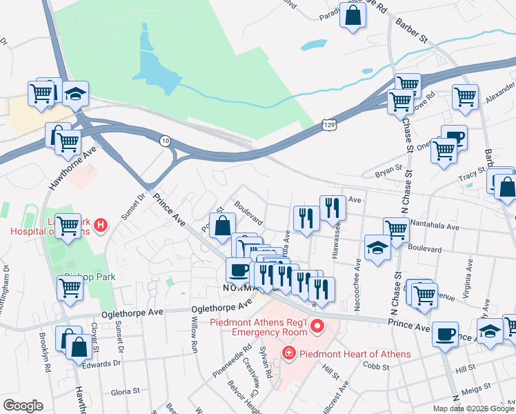 map of restaurants, bars, coffee shops, grocery stores, and more near 397 Buena Vista Avenue in Athens