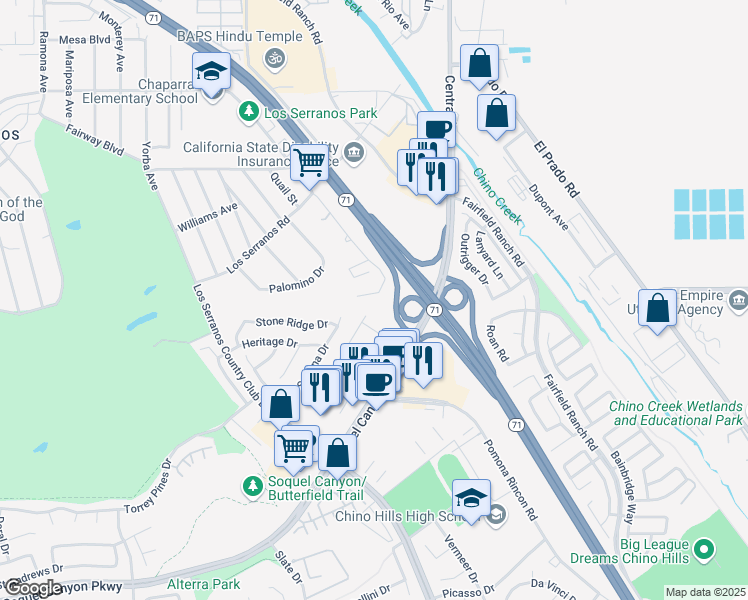 map of restaurants, bars, coffee shops, grocery stores, and more near 5177 Pomona Rincon Road in Chino Hills