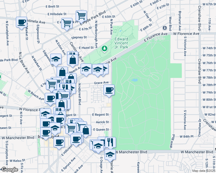 map of restaurants, bars, coffee shops, grocery stores, and more near in Inglewood