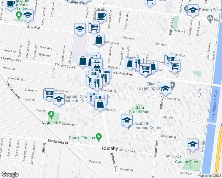 map of restaurants, bars, coffee shops, grocery stores, and more near 4601 Live Oak Street in Cudahy