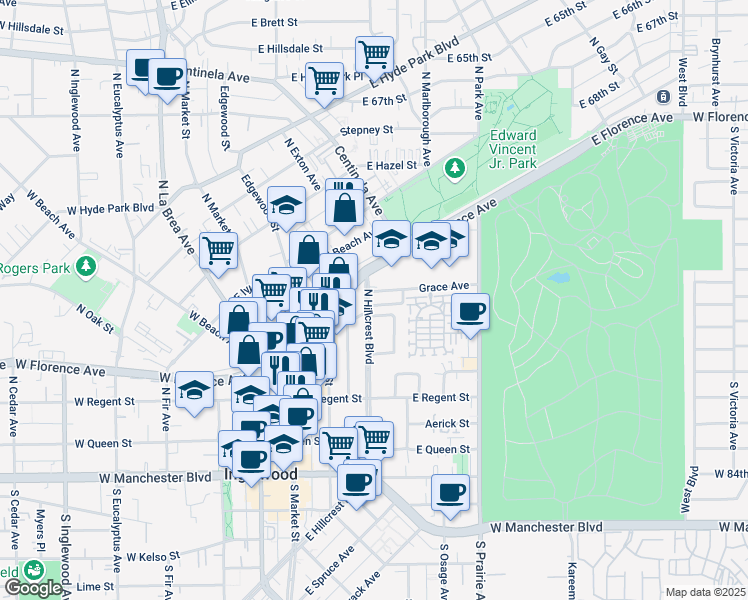 map of restaurants, bars, coffee shops, grocery stores, and more near 576 Saint John Place in Inglewood