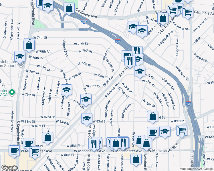 map of restaurants, bars, coffee shops, grocery stores, and more near 7826 Flight Avenue in Los Angeles