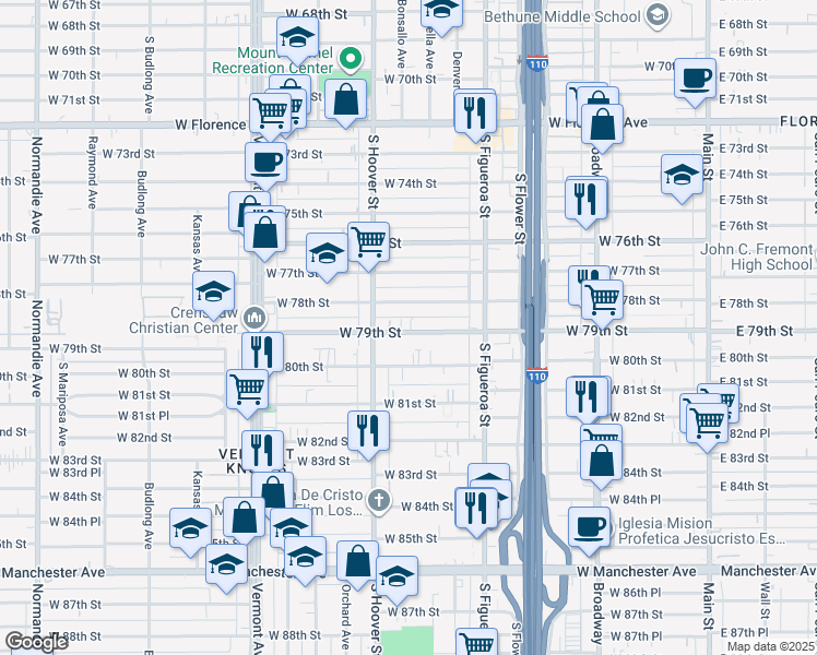 map of restaurants, bars, coffee shops, grocery stores, and more near 707 West 79th Street in Los Angeles