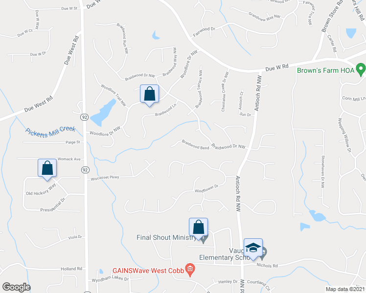 map of restaurants, bars, coffee shops, grocery stores, and more near 6087 Braidwood Bend in Acworth