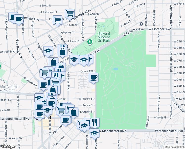 map of restaurants, bars, coffee shops, grocery stores, and more near in Inglewood