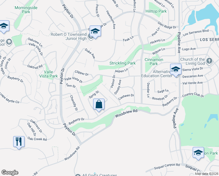 map of restaurants, bars, coffee shops, grocery stores, and more near 15656 Sprig Street in Chino Hills