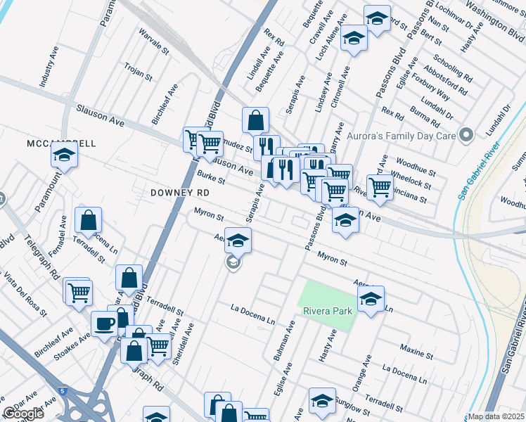 map of restaurants, bars, coffee shops, grocery stores, and more near 9225 Myron Street in Pico Rivera