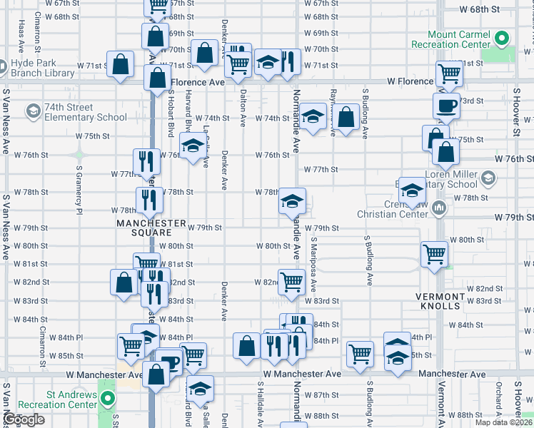 map of restaurants, bars, coffee shops, grocery stores, and more near 1447 West 79th Street in Los Angeles