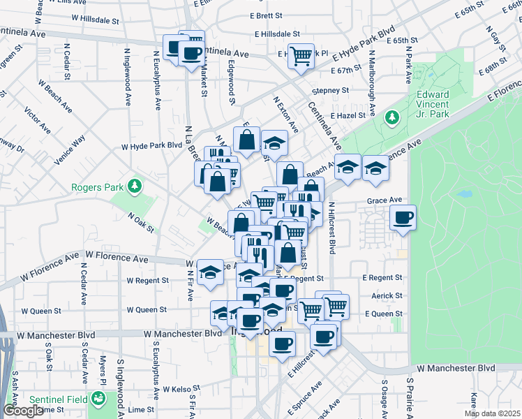 map of restaurants, bars, coffee shops, grocery stores, and more near 10 North Market Street in Inglewood