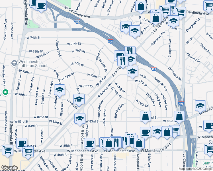 map of restaurants, bars, coffee shops, grocery stores, and more near 7808 Kittyhawk Avenue in Los Angeles