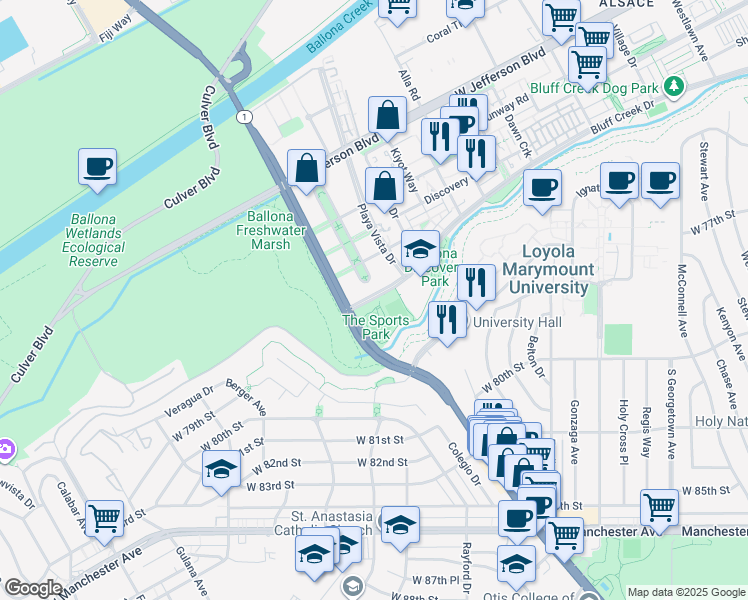 map of restaurants, bars, coffee shops, grocery stores, and more near 771 Bluff Creek Drive in Los Angeles