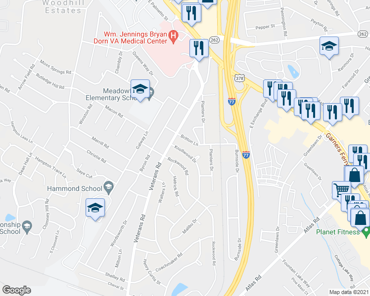 map of restaurants, bars, coffee shops, grocery stores, and more near 526 Knollwood Drive in Columbia