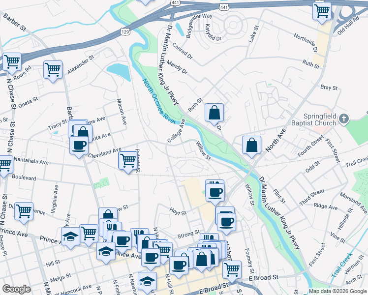 map of restaurants, bars, coffee shops, grocery stores, and more near 555 Willow Street in Athens