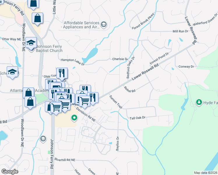 map of restaurants, bars, coffee shops, grocery stores, and more near 5021 Lower Roswell Road in Marietta