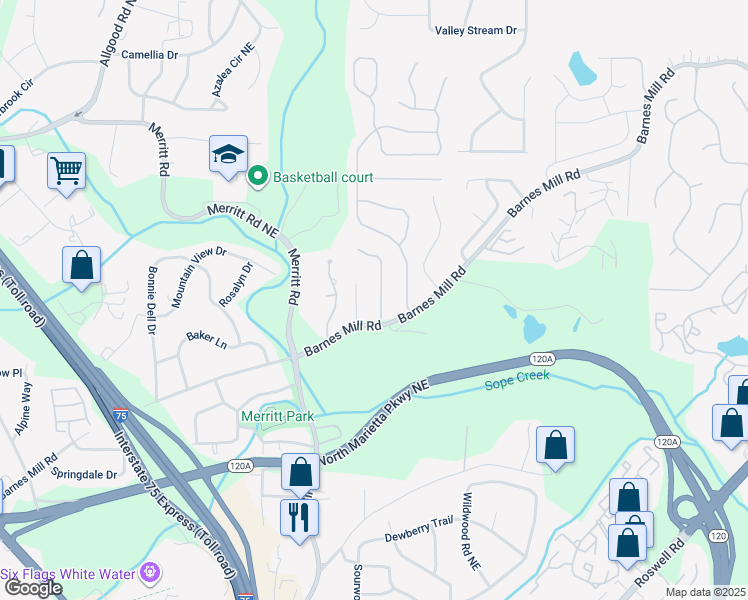 map of restaurants, bars, coffee shops, grocery stores, and more near 647 Coventry Township Lane in Marietta