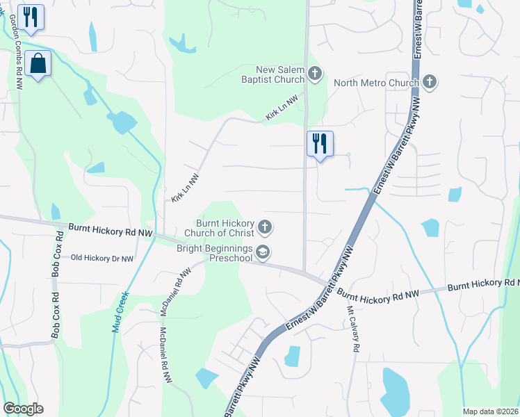 map of restaurants, bars, coffee shops, grocery stores, and more near 2390 New Salem Trace in Marietta